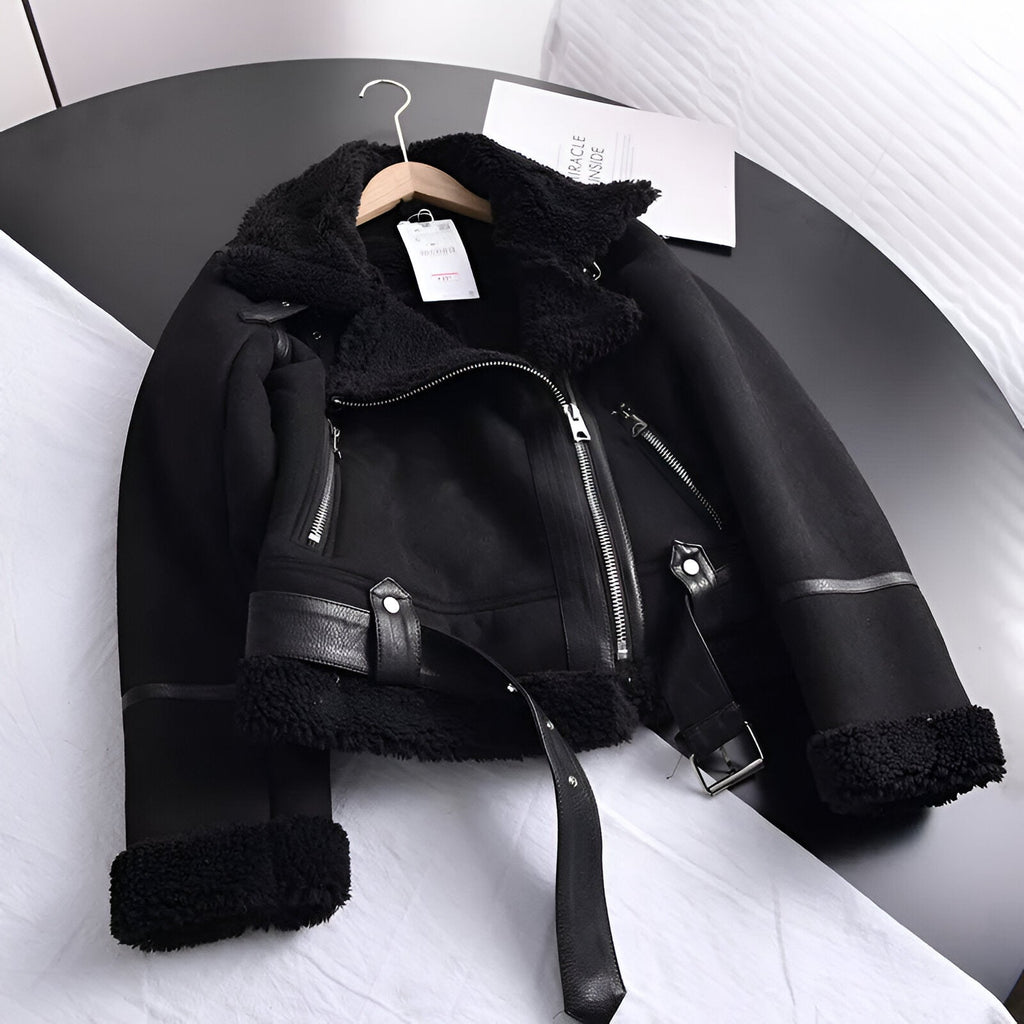 Julia — Winter Suede‑Look Biker Jacket with Faux Fur
