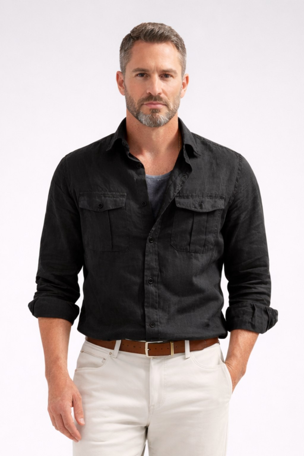Liam | Men Long Sleeve Double Chest Pocket Cotton Linen Casual Shirt