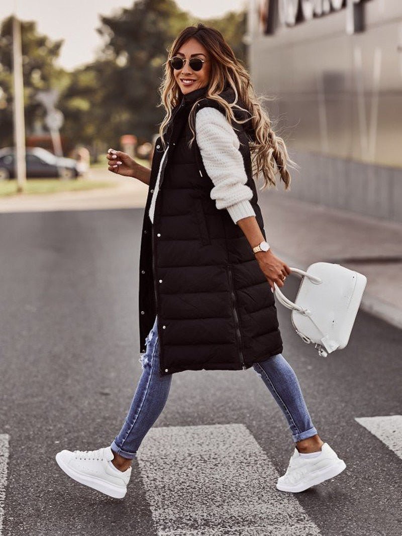 Kim | Knee-Length Quilted Vest Women Beige For Fall Winter