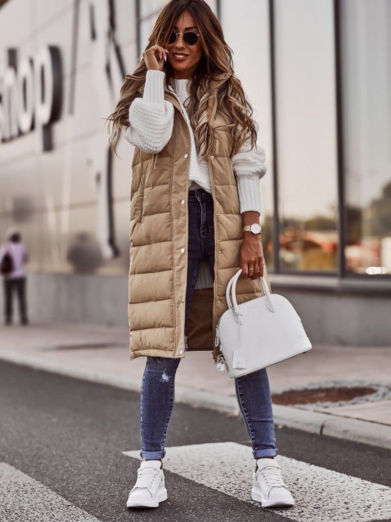 Kim | Knee-Length Quilted Vest Women Beige For Fall Winter