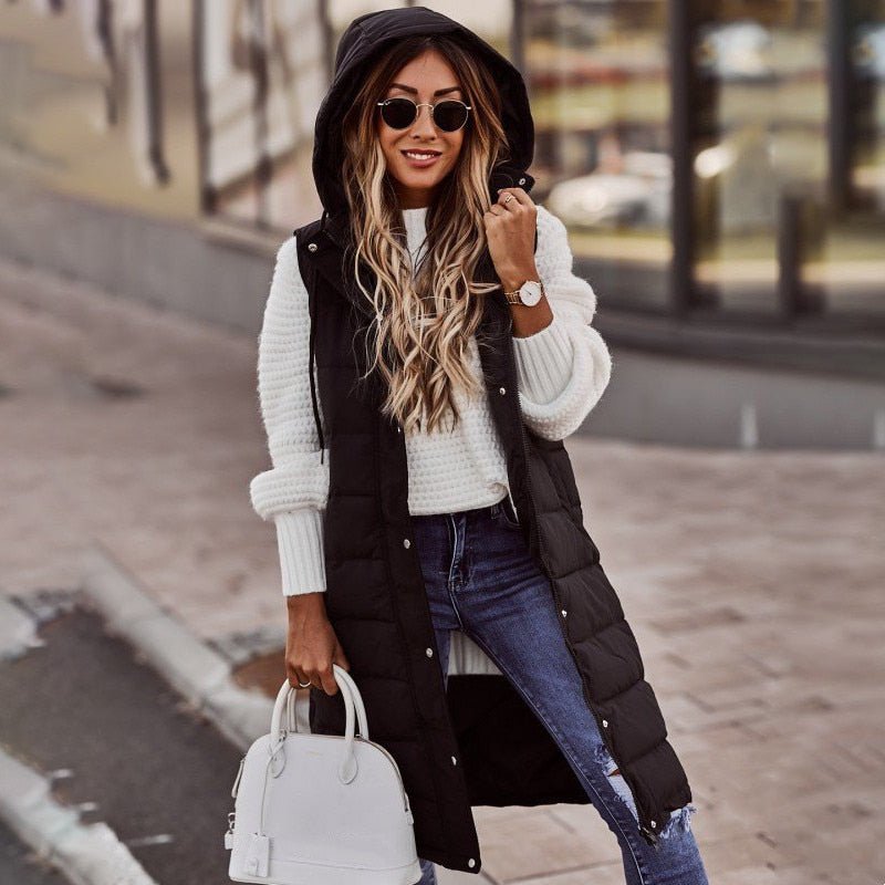 Kim | Knee-Length Quilted Vest Women Beige For Fall Winter
