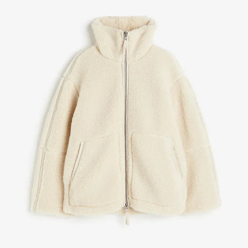 Teddy wool jacket for women, fleece jacket, stand-up collar, closure