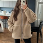 Teddy wool jacket for women, fleece jacket, stand-up collar, closure