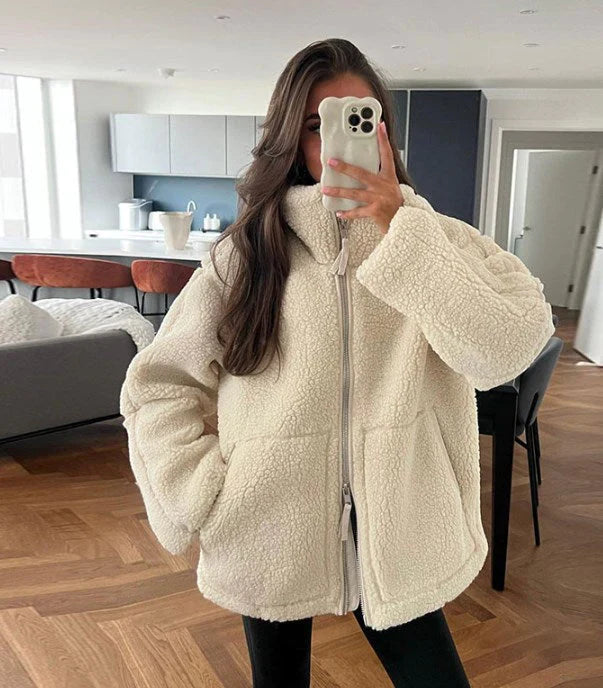 Teddy wool jacket for women, fleece jacket, stand-up collar, closure