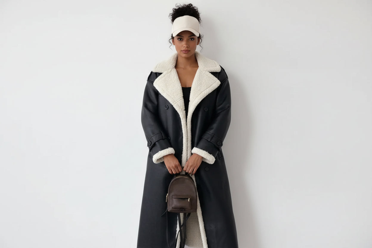 Long Women's Coat with Teddy Lining and Classic Teddy Collar - Esra