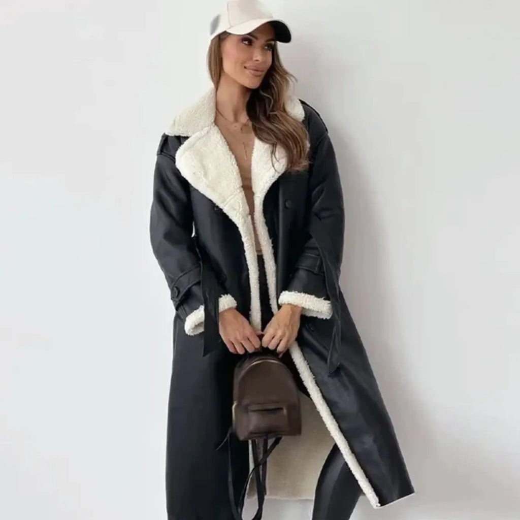 Long Women's Coat with Teddy Lining and Classic Teddy Collar - Esra