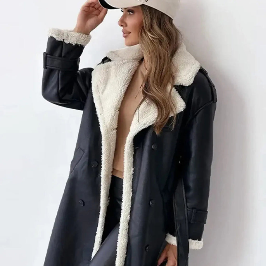 Long Women's Coat with Teddy Lining and Classic Teddy Collar - Esra