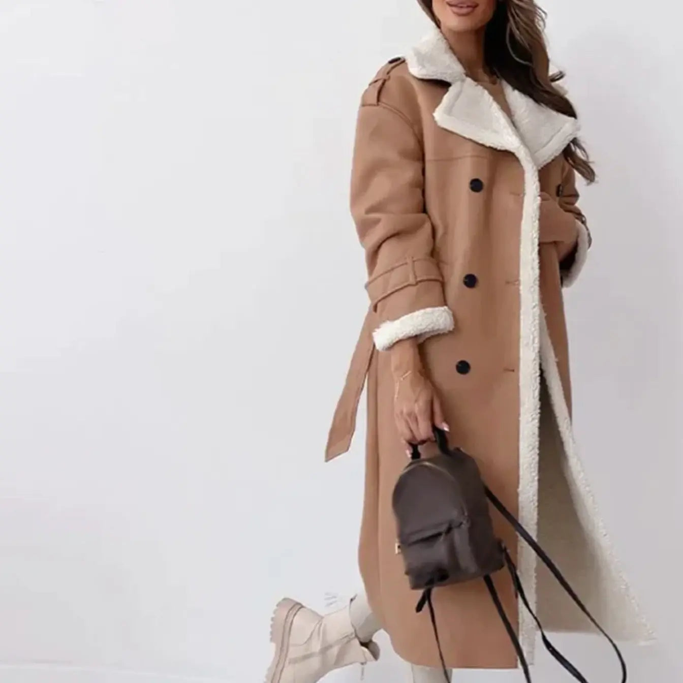 Long Women's Coat with Teddy Lining and Classic Teddy Collar - Esra