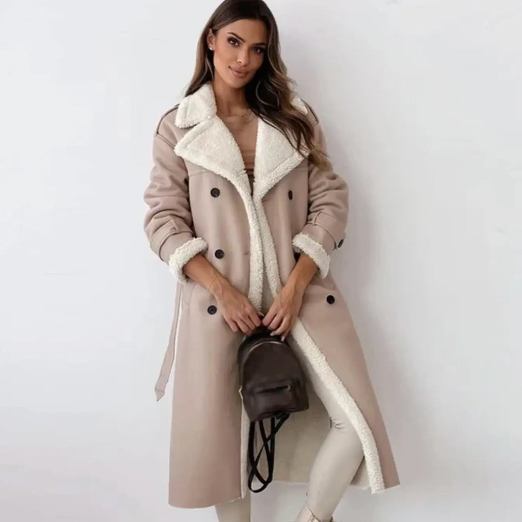 Long Women's Coat with Teddy Lining and Classic Teddy Collar - Esra