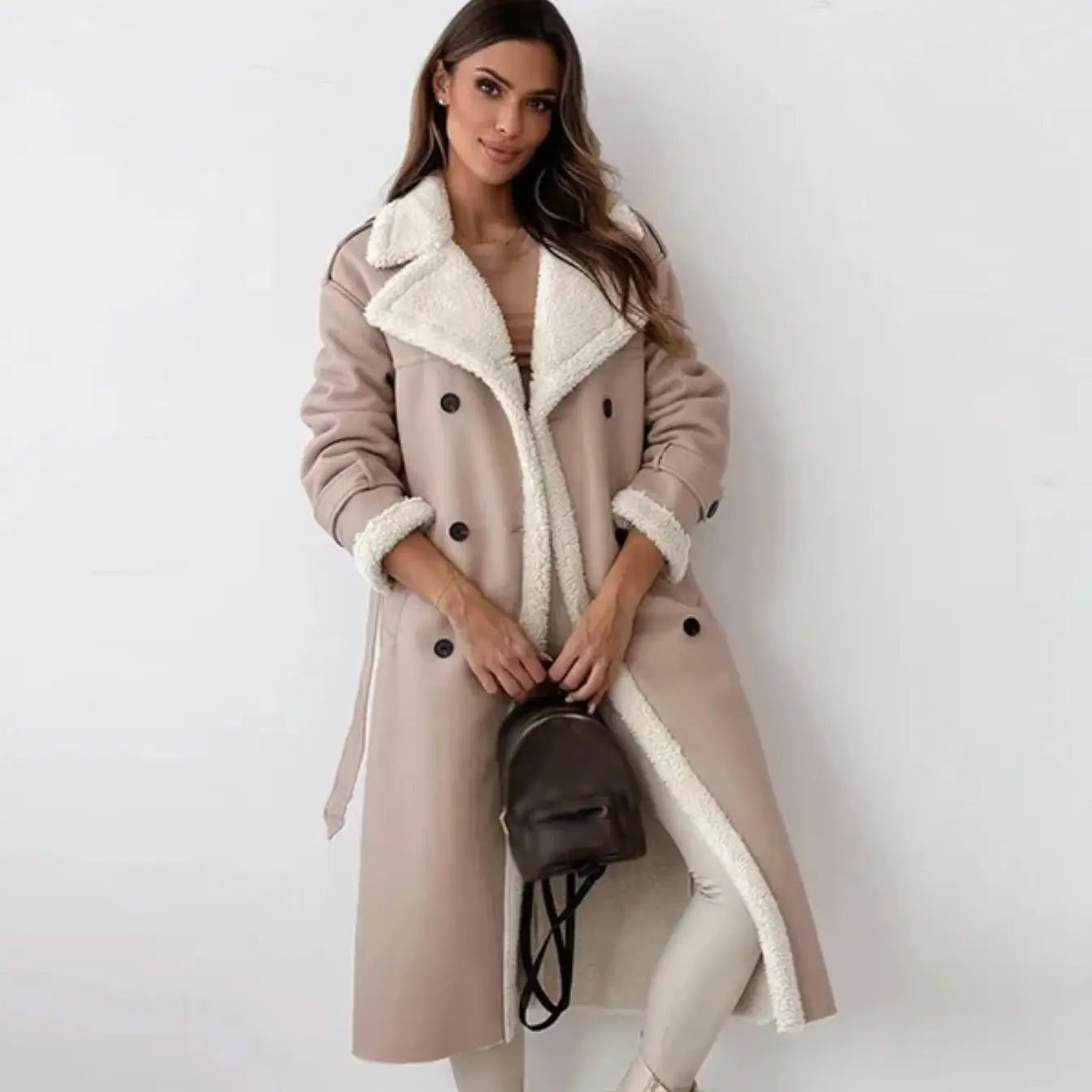 Long Women's Coat with Teddy Lining and Classic Teddy Collar - Esra
