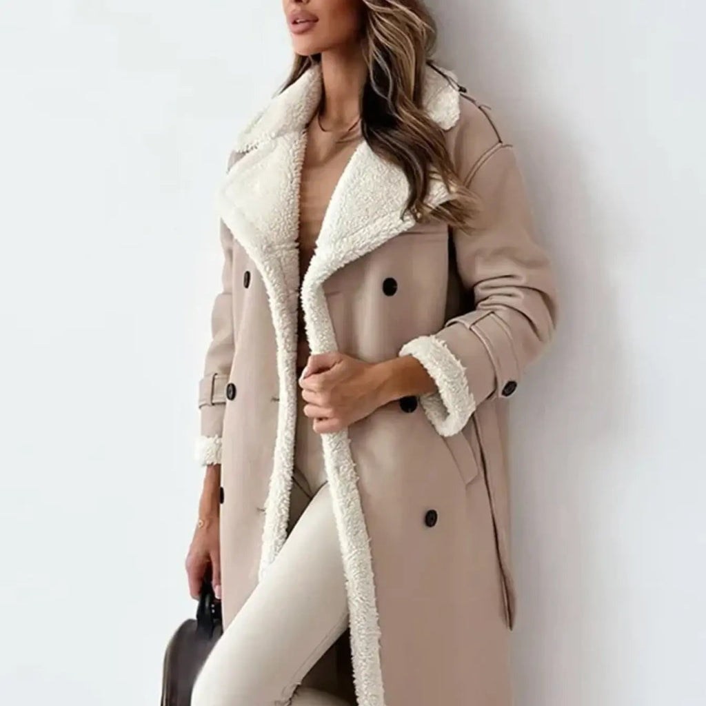 Long Women's Coat with Teddy Lining and Classic Teddy Collar - Esra