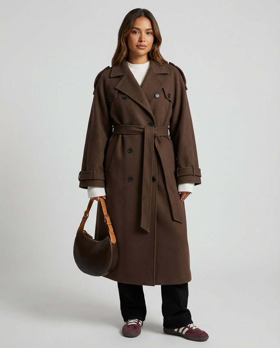 Wool Trench Coat with Belt for Women - Elena