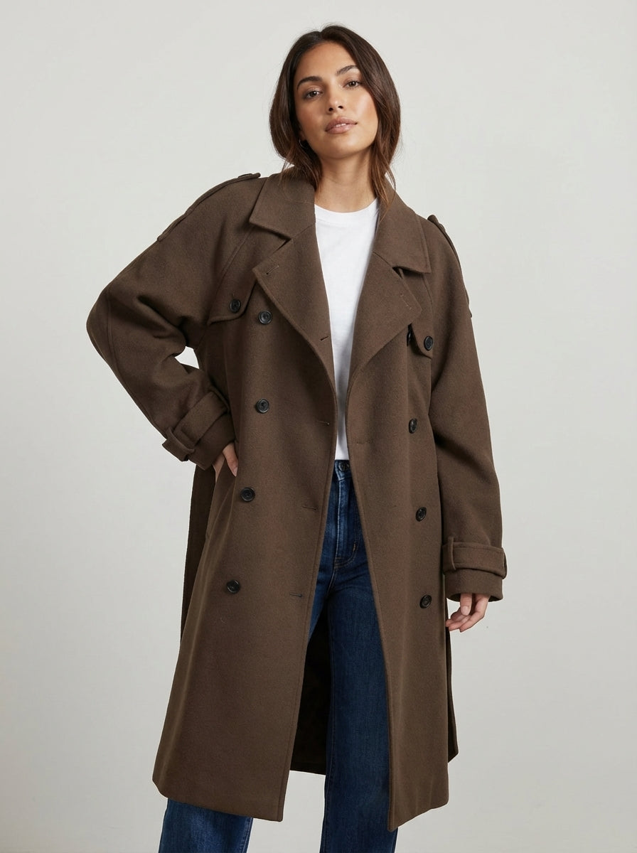 Wool Trench Coat with Belt for Women - Elena