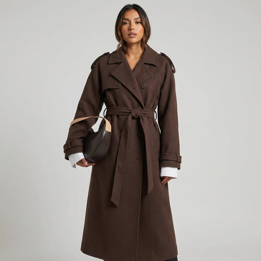 Wool Trench Coat with Belt for Women - Elena