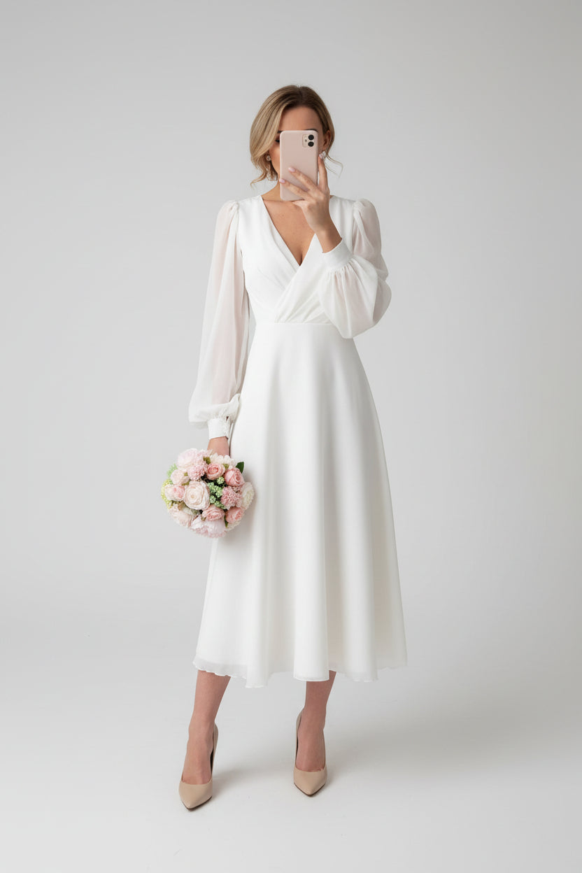 Elcevi | Elegant Midi Wedding Dress with Voluminous Puff Sleeves For Women