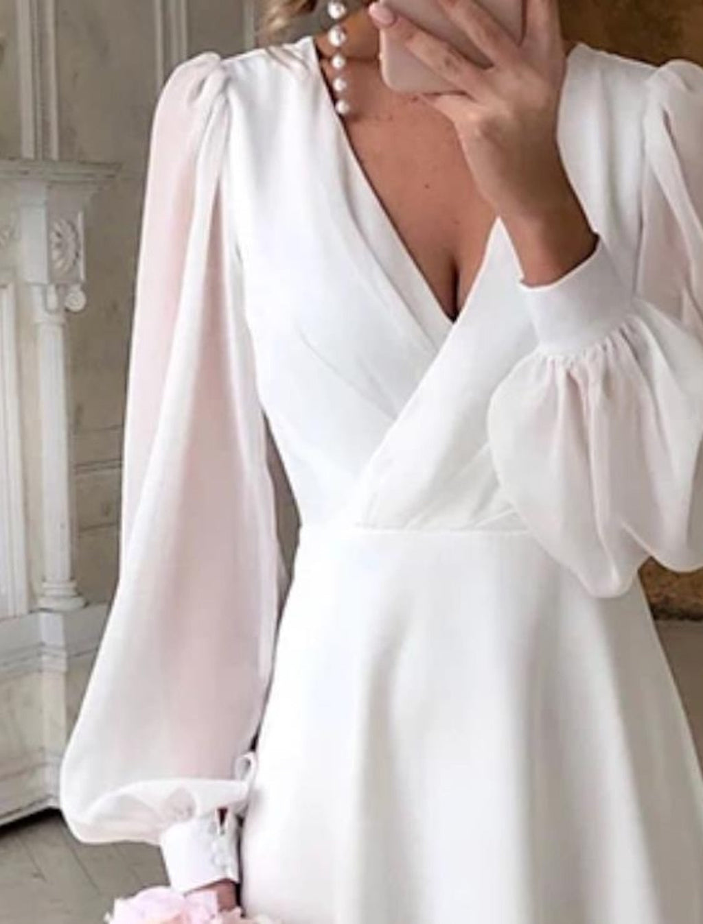 Elcevi | Elegant Midi Wedding Dress with Voluminous Puff Sleeves For Women