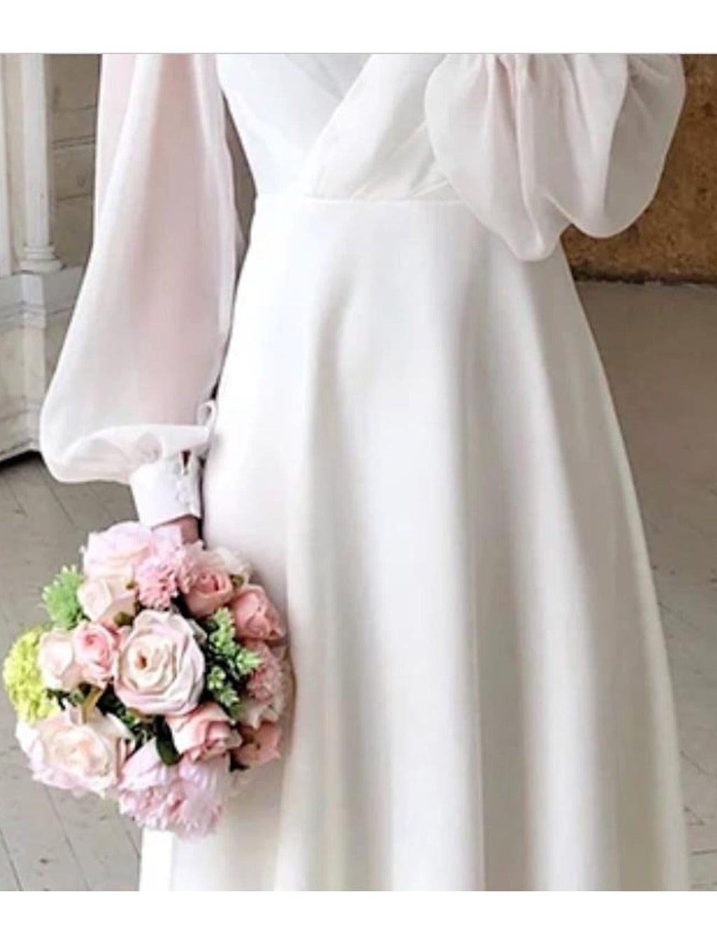 Elcevi | Elegant Midi Wedding Dress with Voluminous Puff Sleeves For Women