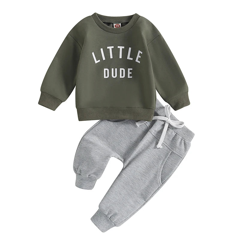 Little Dude | Baby Toddler Boys Autumn Winter Outfits Little Dude Letter Printed Sweatshirts with Long Sleeves Pants 2-piece Clothing Set