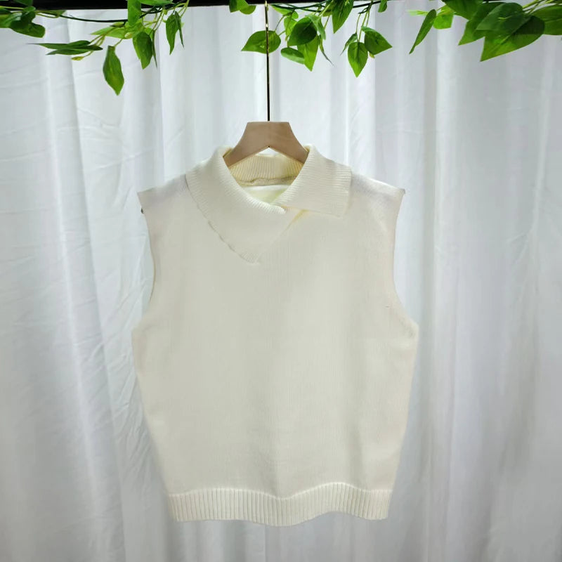 Lia | Autumn Winter Korean Solid Color Lapel Sleeveless Versatile Casual Knit Vest for Women