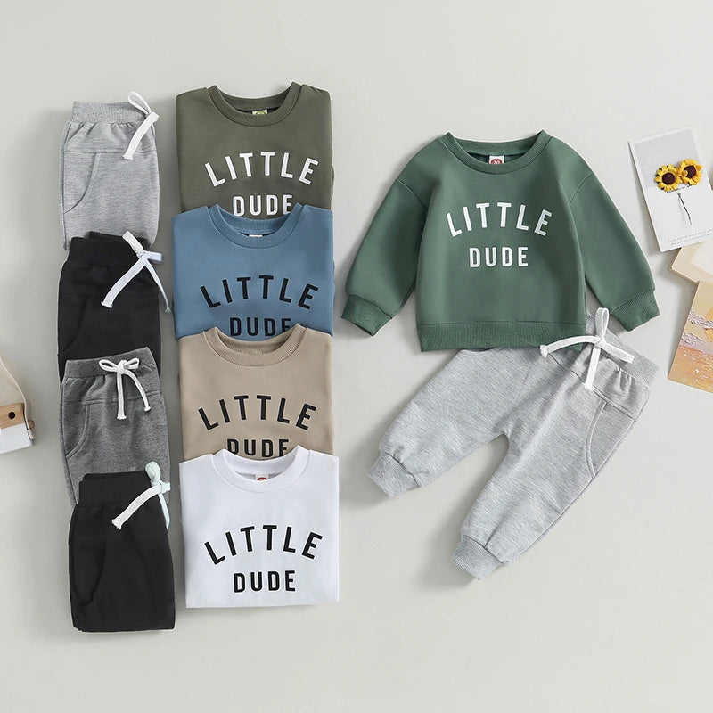 Little Dude | Baby Toddler Boys Autumn Winter Outfits Little Dude Letter Printed Sweatshirts with Long Sleeves Pants 2-piece Clothing Set