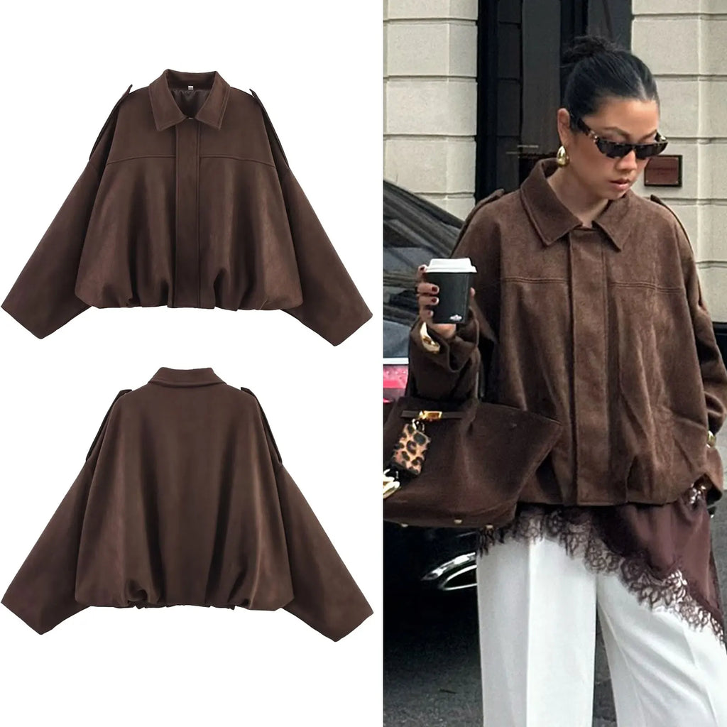 Kim | Women's Street Fashion Solid Loose Suede Texture Jackets Casual Long Batwing Sleeves Lapel Zipper Winter Vintage Jackets