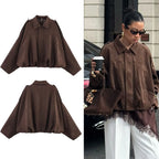 Kim | Women's Street Fashion Solid Loose Suede Texture Jackets Casual Long Batwing Sleeves Lapel Zipper Winter Vintage Jackets