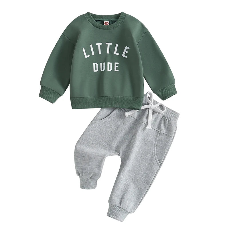 Little Dude | Baby Toddler Boys Autumn Winter Outfits Little Dude Letter Printed Sweatshirts with Long Sleeves Pants 2-piece Clothing Set