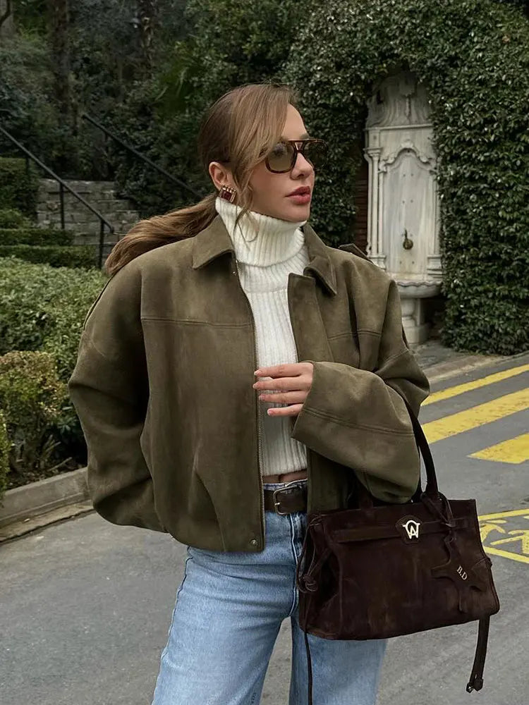 Kim | Women's Street Fashion Solid Loose Suede Texture Jackets Casual Long Batwing Sleeves Lapel Zipper Winter Vintage Jackets