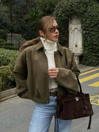 Kim | Women's Street Fashion Solid Loose Suede Texture Jackets Casual Long Batwing Sleeves Lapel Zipper Winter Vintage Jackets