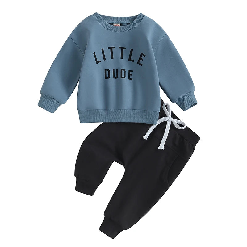 Little Dude | Baby Toddler Boys Autumn Winter Outfits Little Dude Letter Printed Sweatshirts with Long Sleeves Pants 2-piece Clothing Set