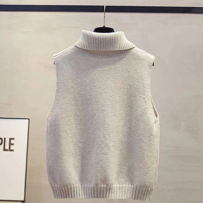 Lia | Autumn Winter Korean Solid Color Lapel Sleeveless Versatile Casual Knit Vest for Women