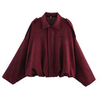 Kim | Women's Street Fashion Solid Loose Suede Texture Jackets Casual Long Batwing Sleeves Lapel Zipper Winter Vintage Jackets