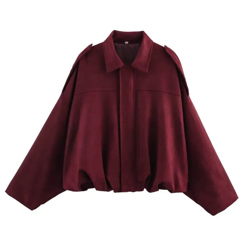 Kim | Women's Street Fashion Solid Loose Suede Texture Jackets Casual Long Batwing Sleeves Lapel Zipper Winter Vintage Jackets