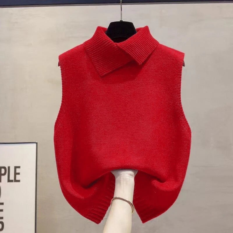 Lia | Autumn Winter Korean Solid Color Lapel Sleeveless Versatile Casual Knit Vest for Women