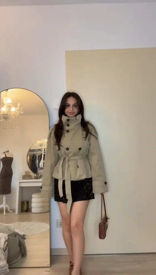 Joyce | Belted Waist Cropped Trench Coats Women Double Breasted Stand Collar Jackets Chic Casual Vintage Coat Women