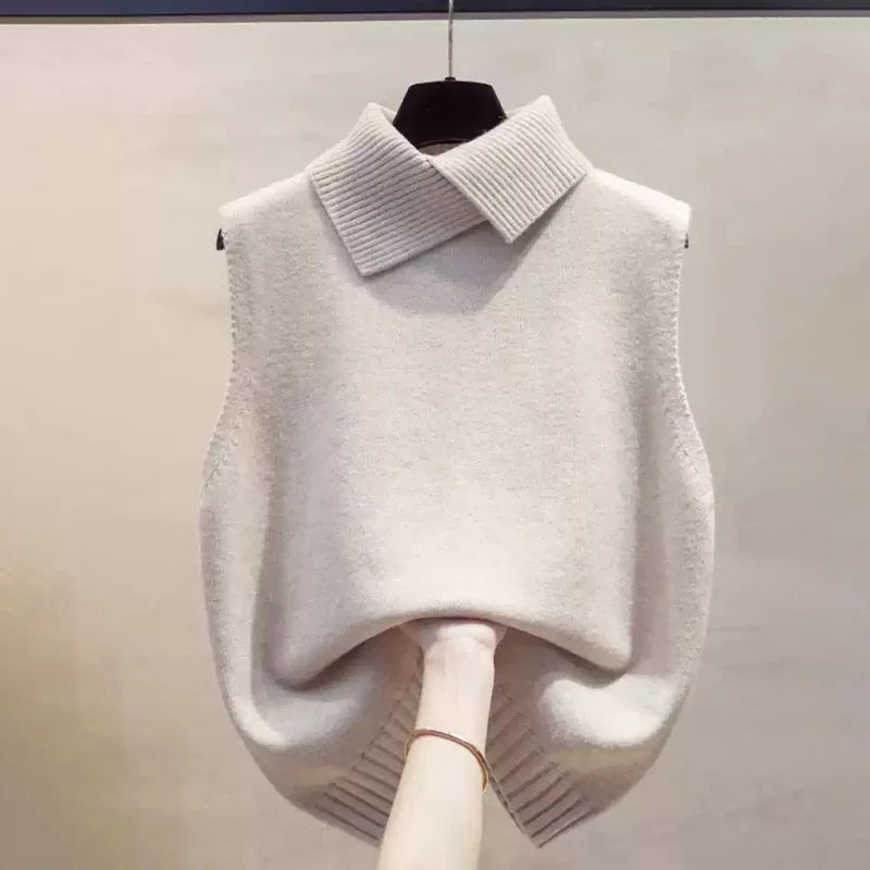 Lia | Autumn Winter Korean Solid Color Lapel Sleeveless Versatile Casual Knit Vest for Women