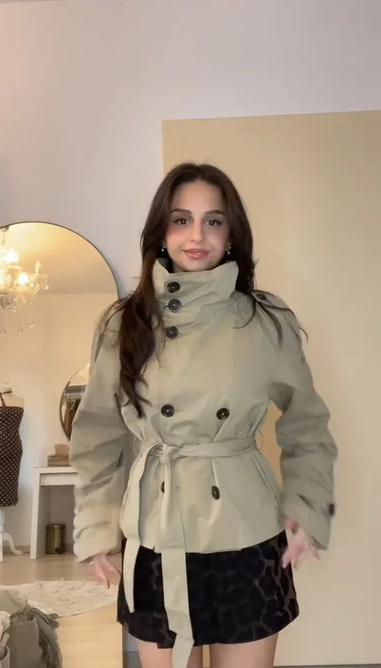 Joyce | Belted Waist Cropped Trench Coats Women Double Breasted Stand Collar Jackets Chic Casual Vintage Coat Women