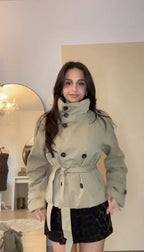 Joyce | Belted Waist Cropped Trench Coats Women Double Breasted Stand Collar Jackets Chic Casual Vintage Coat Women