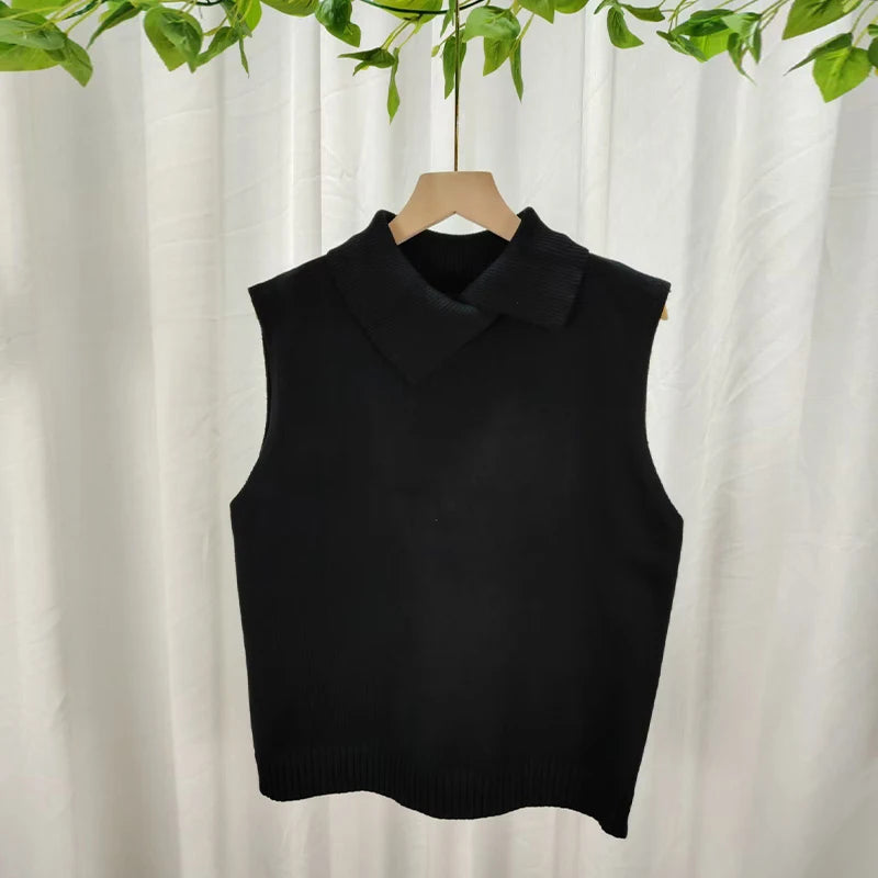 Lia | Autumn Winter Korean Solid Color Lapel Sleeveless Versatile Casual Knit Vest for Women
