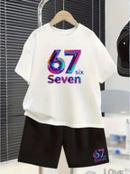 Elcevi | Boys Sets 67 Funny Print Kids T-Shirt Shorts Pants Set Casual Outfit for Funny Gift Children's Clothing