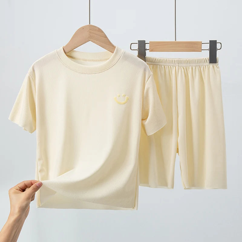 Charlie | 2 Piece Set Kids Thin Shorts with Short Sleeves Ice Silk Suit Boys and Girls Casual Joker Home Clothing 2-Piece Set