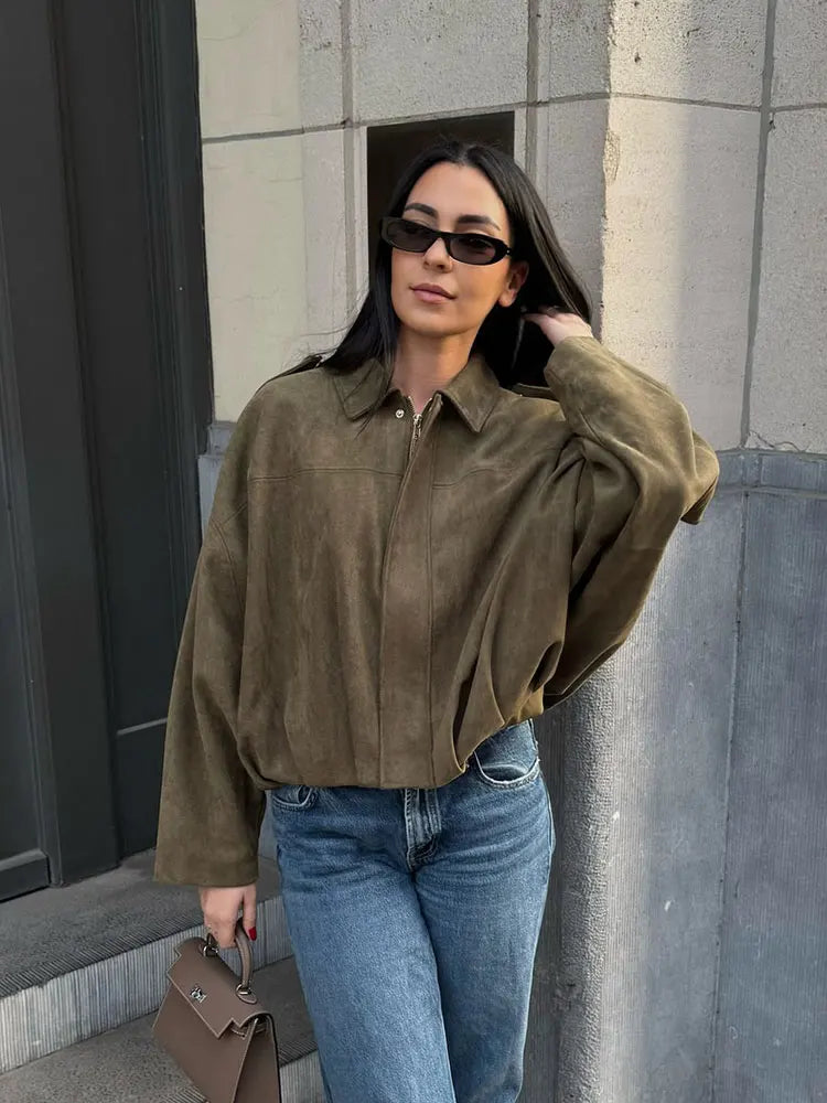 Kim | Women's Street Fashion Solid Loose Suede Texture Jackets Casual Long Batwing Sleeves Lapel Zipper Winter Vintage Jackets