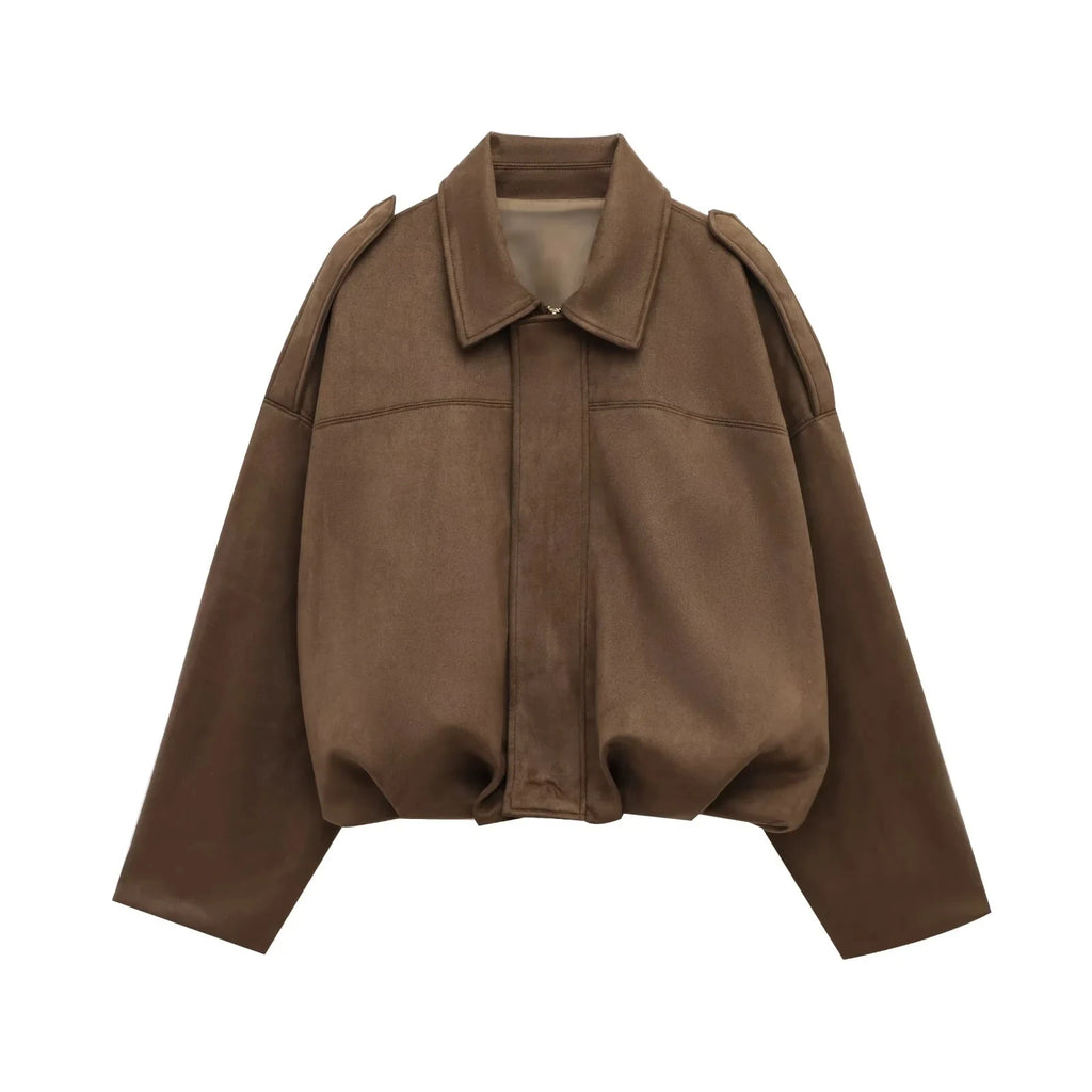 Kim | Women's Street Fashion Solid Loose Suede Texture Jackets Casual Long Batwing Sleeves Lapel Zipper Winter Vintage Jackets