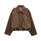 Kim | Women's Street Fashion Solid Loose Suede Texture Jackets Casual Long Batwing Sleeves Lapel Zipper Winter Vintage Jackets