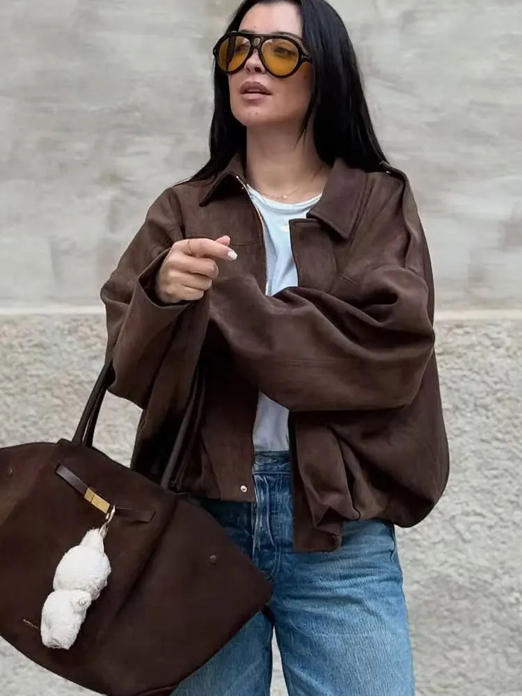 Kim | Women's Street Fashion Solid Loose Suede Texture Jackets Casual Long Batwing Sleeves Lapel Zipper Winter Vintage Jackets