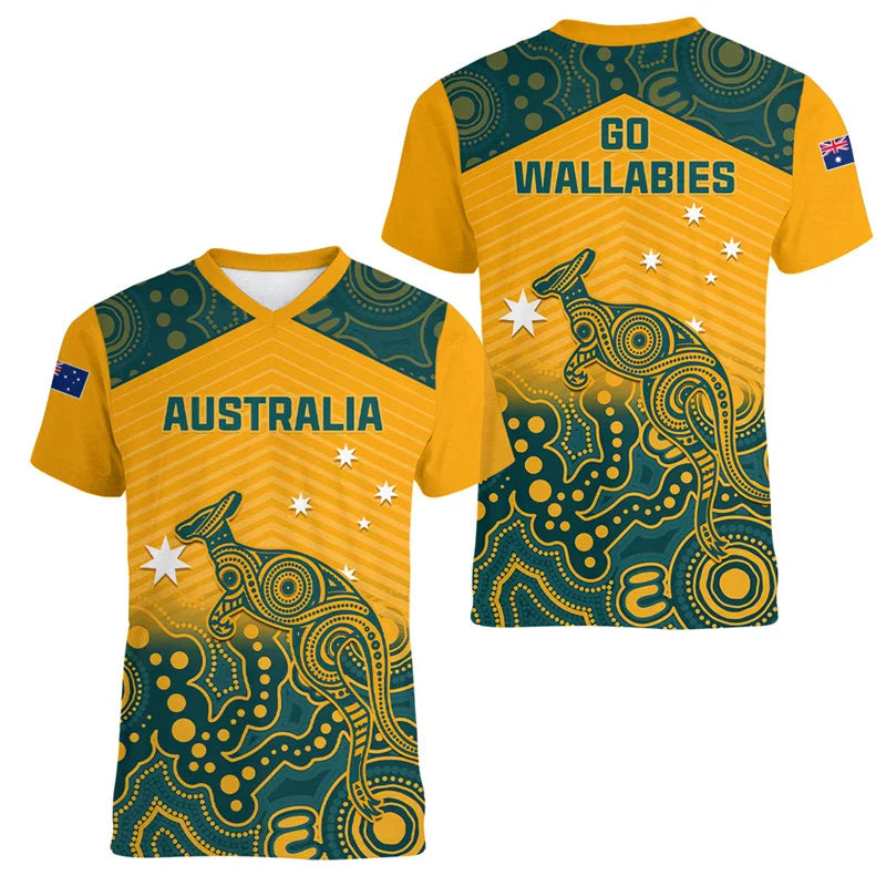 Australia Kangaroo Soccer Pattern T-Shirt Men / Women 3D Printed Animal T-Shirt Sport V-Neck Short Sleeve Tops Summer Tennis Football T-Shirts World Cup