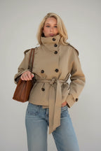 Joyce | Belted Waist Cropped Trench Coats Women Double Breasted Stand Collar Jackets Chic Casual Vintage Coat Women
