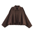 Kim | Women's Street Fashion Solid Loose Suede Texture Jackets Casual Long Batwing Sleeves Lapel Zipper Winter Vintage Jackets