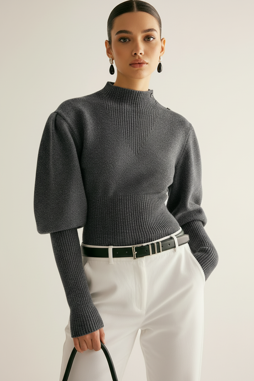 Mary | Cropped Knitted Sweater with Puff Sleeves