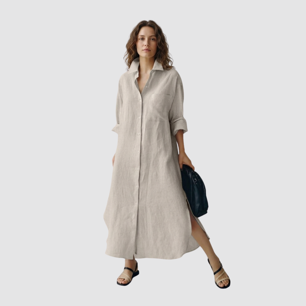 Elcevi |Long Sleeve Split Casual Linen Maxi Dress For Women